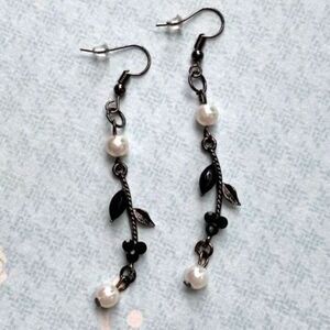 Handmade Earrings Womens Black Glass Rhinestone Floral Faux Pearl Whimsy Goth